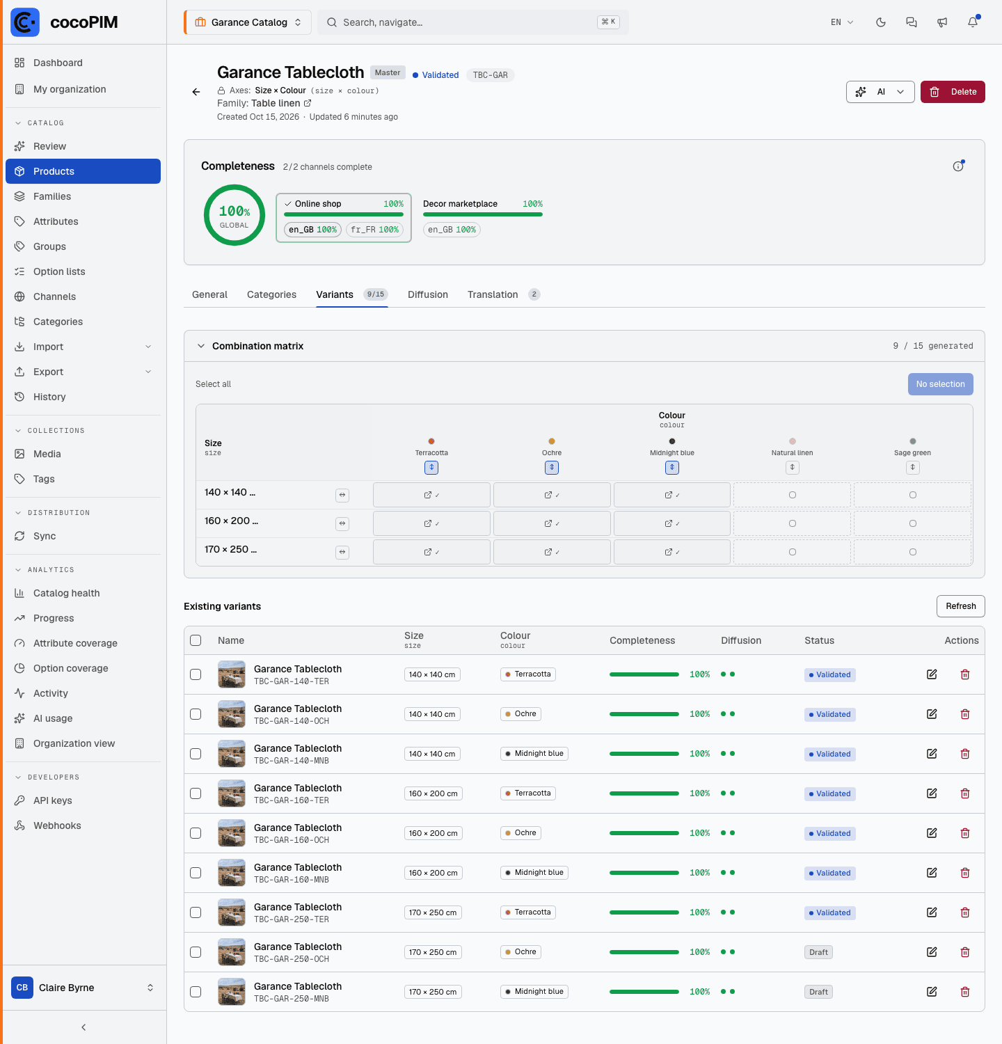 Master product, Variants tab: Size × Colour matrix and existing variants