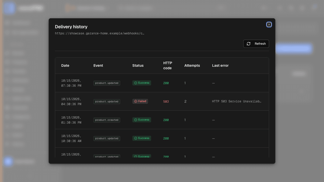 Delivery history of a webhook: event, status, response code, attempts
