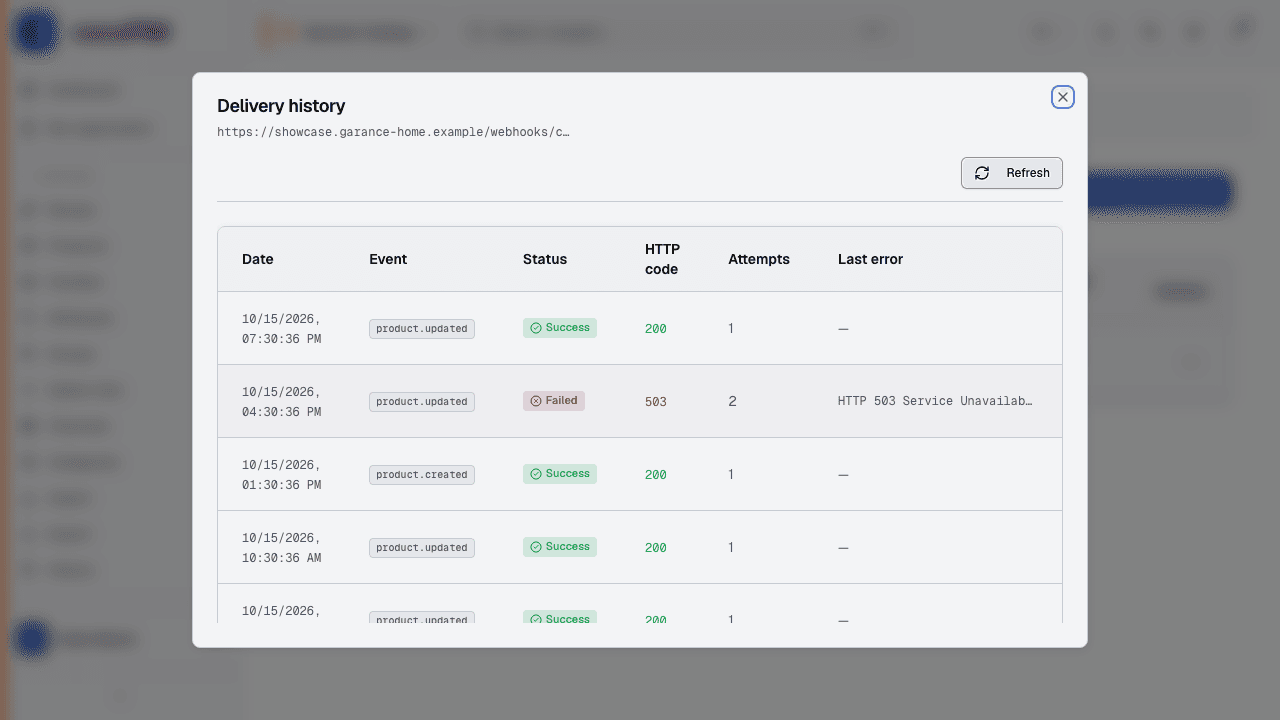 Delivery history of a webhook: event, status, response code, attempts