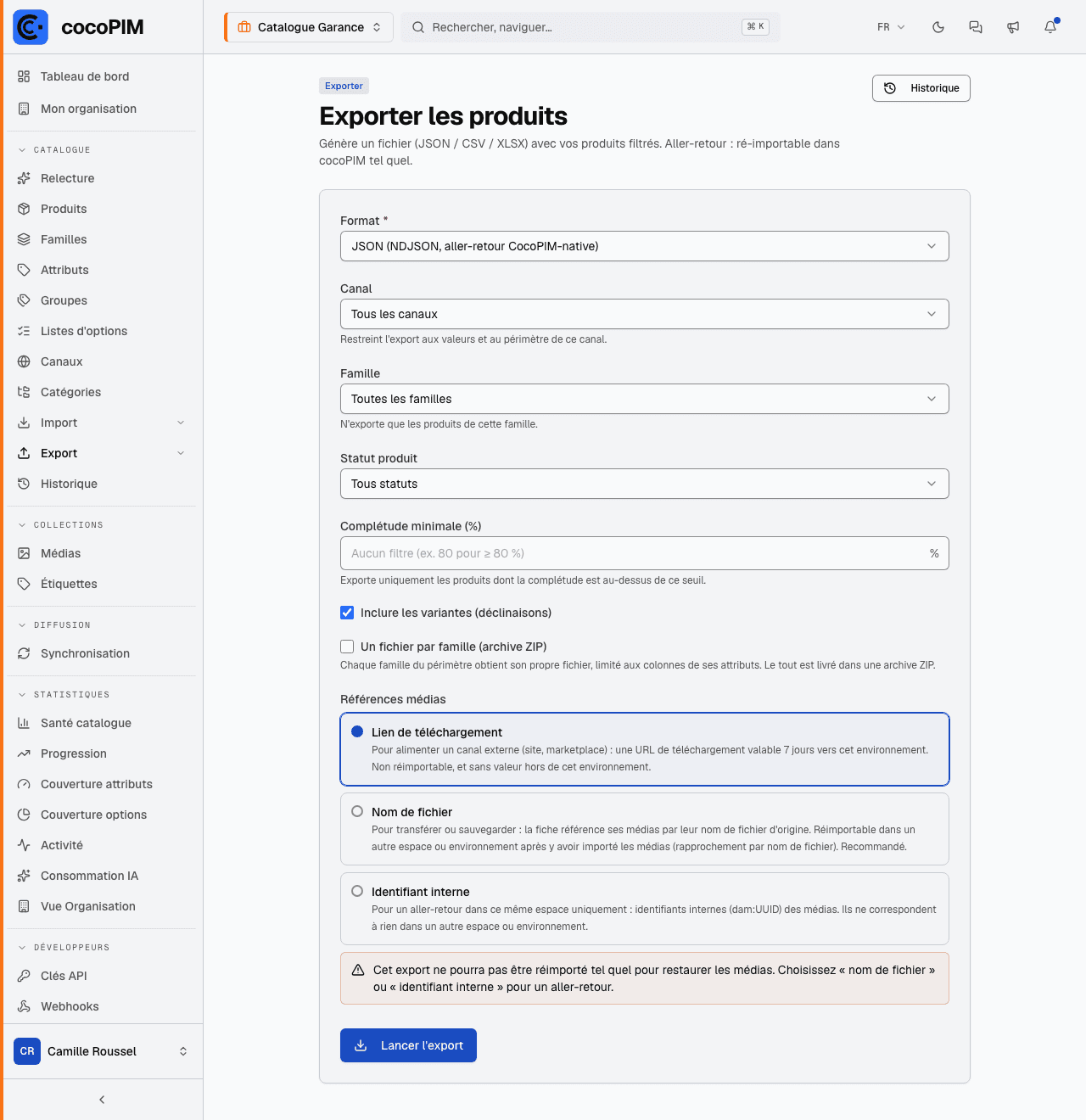 Écran de lancement d'un export produits avec les filtres (format, canal, famille, statut, complétude)