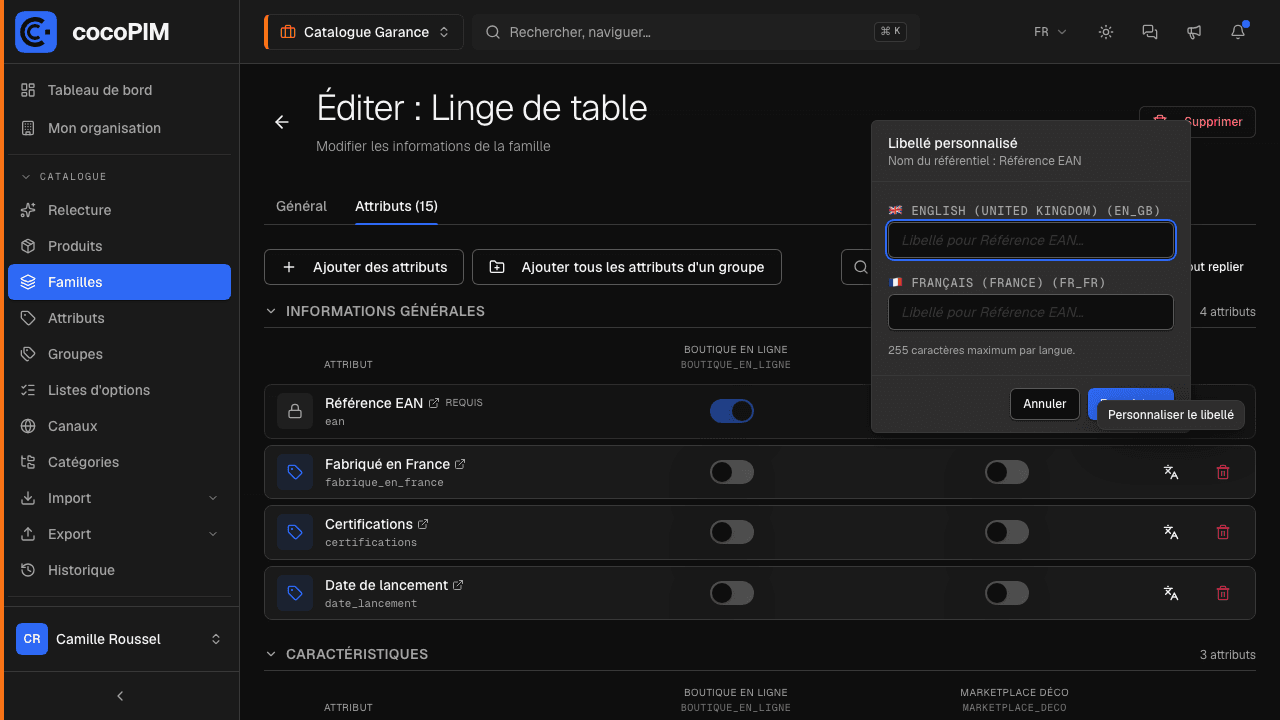Popover « Personnaliser le libellé » : nom du référentiel en référence, un champ par langue