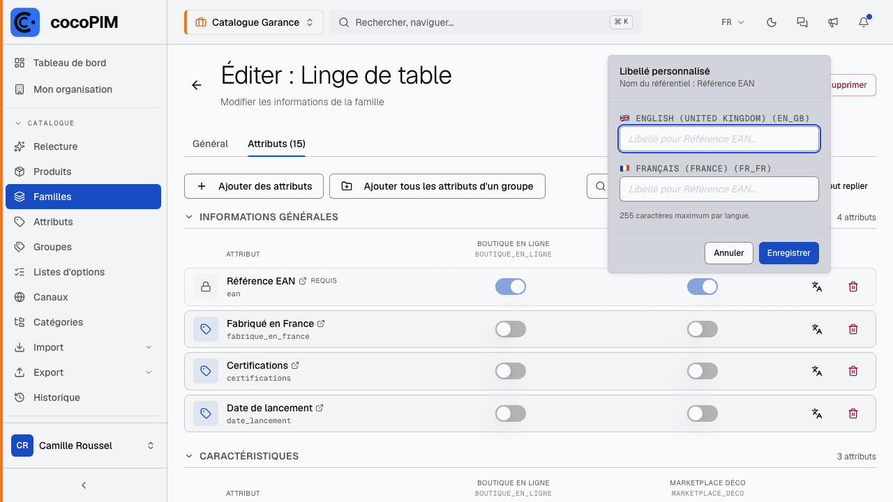 Popover « Personnaliser le libellé » : nom du référentiel en référence, un champ par langue