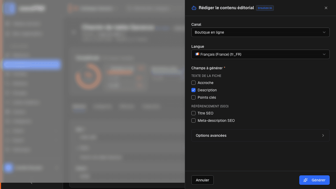 Assistant IA sur une fiche produit : canal, langue et champs à générer (texte de la fiche, référencement SEO)
