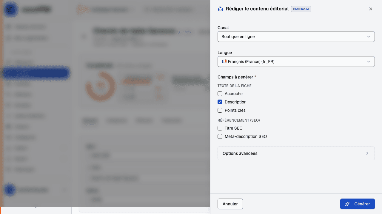 Assistant IA sur une fiche produit : canal, langue et champs à générer (texte de la fiche, référencement SEO)