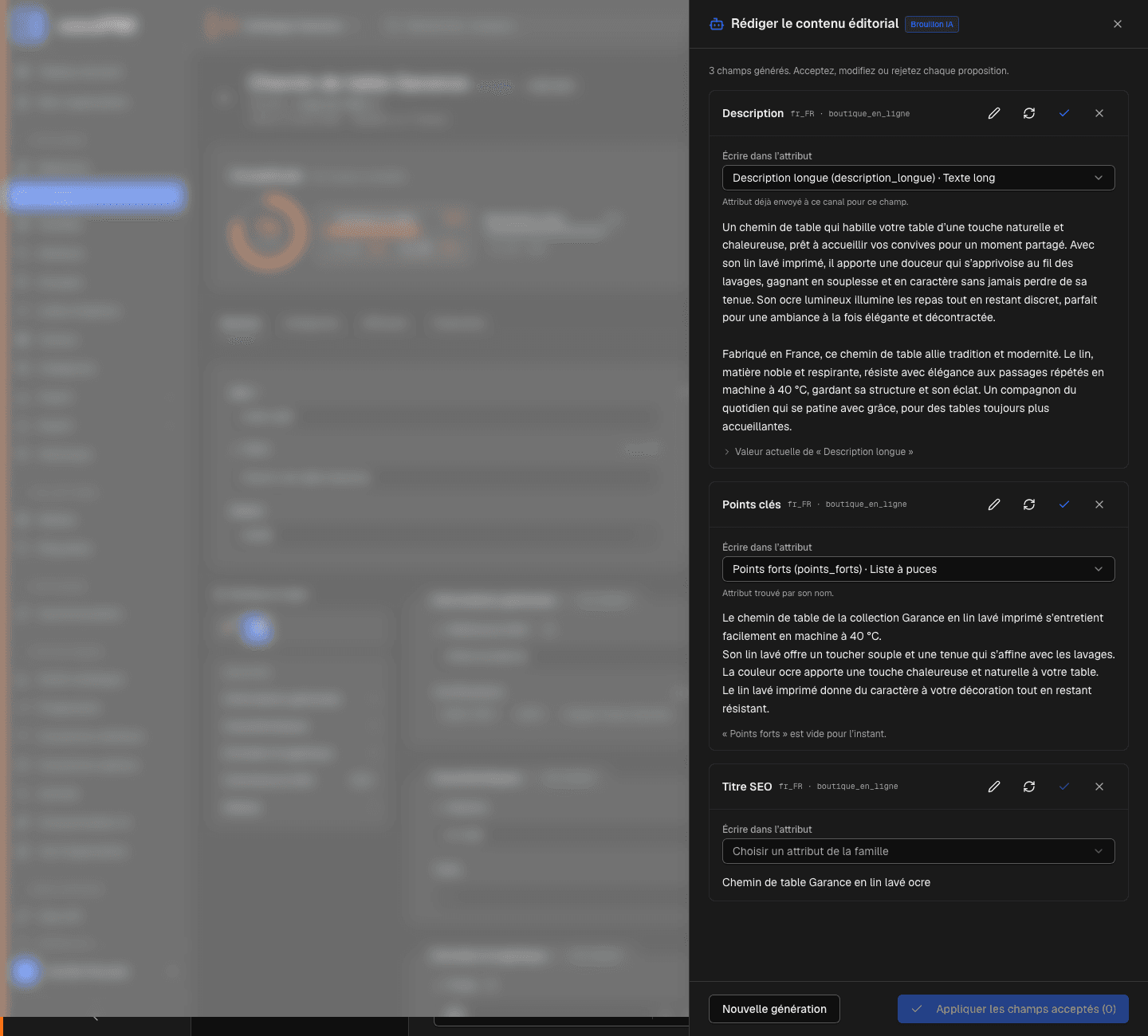 Résultat de la génération : description, titre SEO et points clés proposés, avec Accepter / Rejeter / Régénérer pour chaque champ