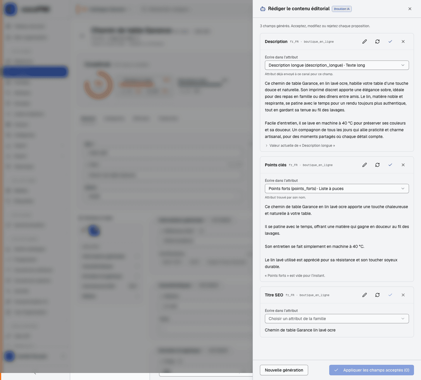 Résultat de la génération : description, titre SEO et points clés proposés, avec Accepter / Rejeter / Régénérer pour chaque champ