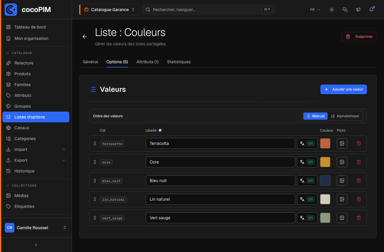 Éditeur d'une liste d'options (ex. Couleurs) avec traductions et pastilles