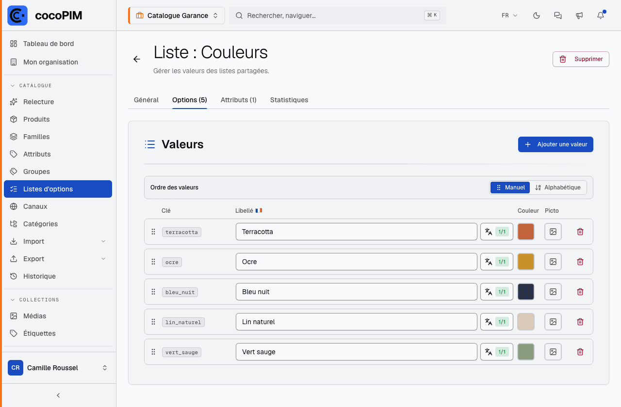 Éditeur d'une liste d'options (ex. Couleurs) avec traductions et pastilles