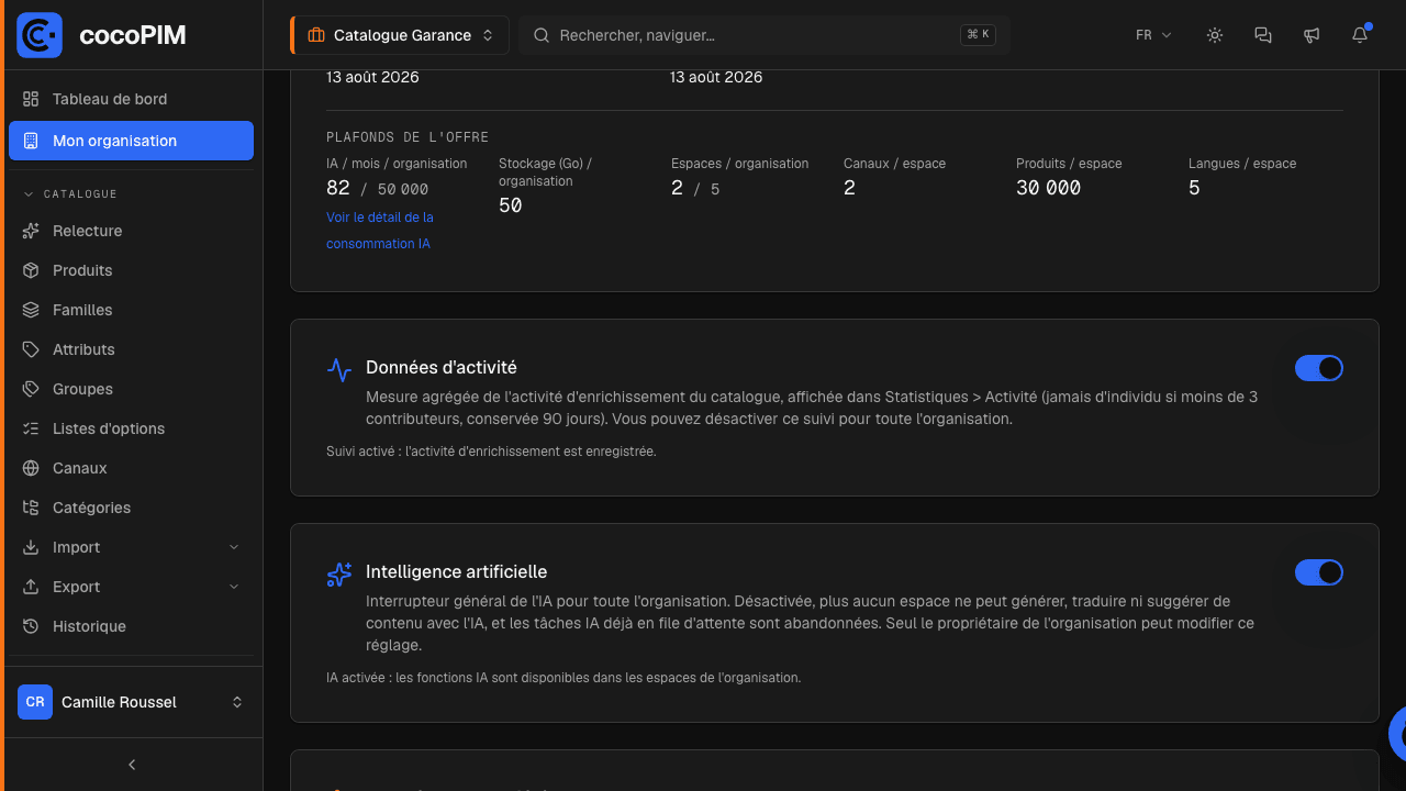 Mon organisation, carte « Données d'activité » : interrupteur du suivi d'activité
