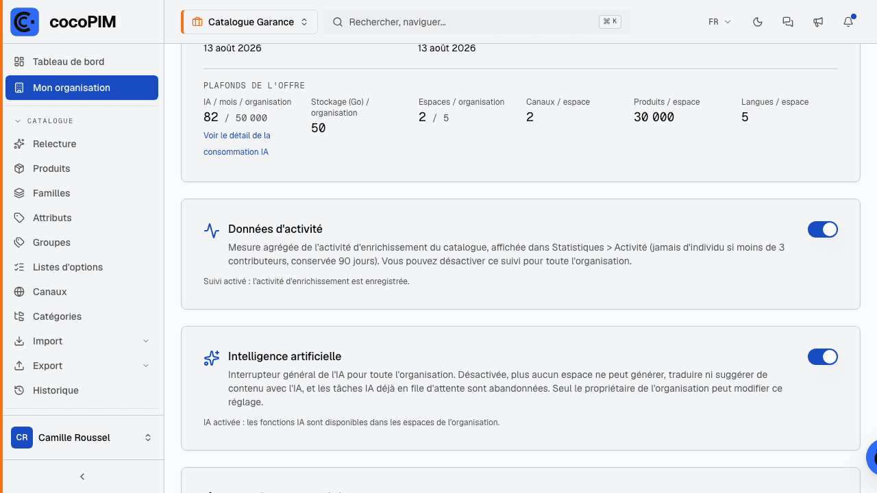 Mon organisation, carte « Données d'activité » : interrupteur du suivi d'activité