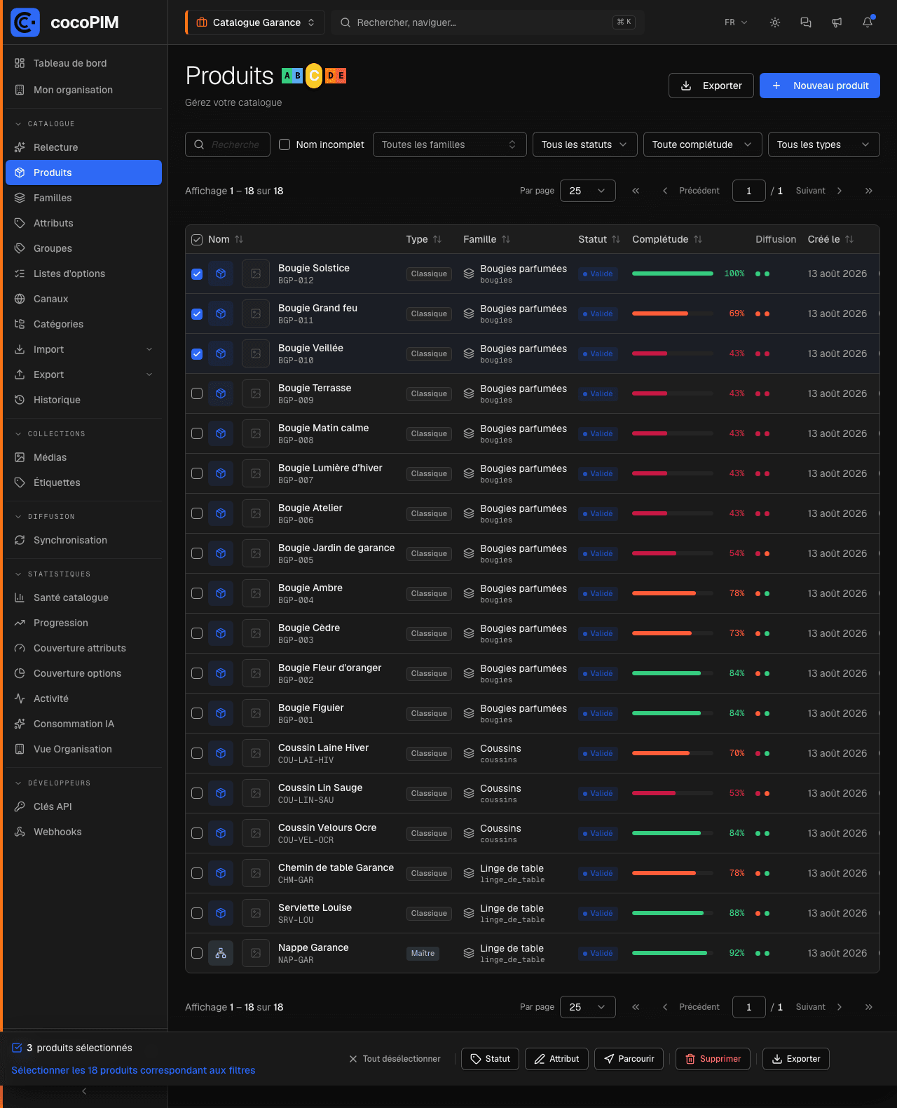 Sélection multiple dans la liste produits avec le menu d'actions en masse ouvert