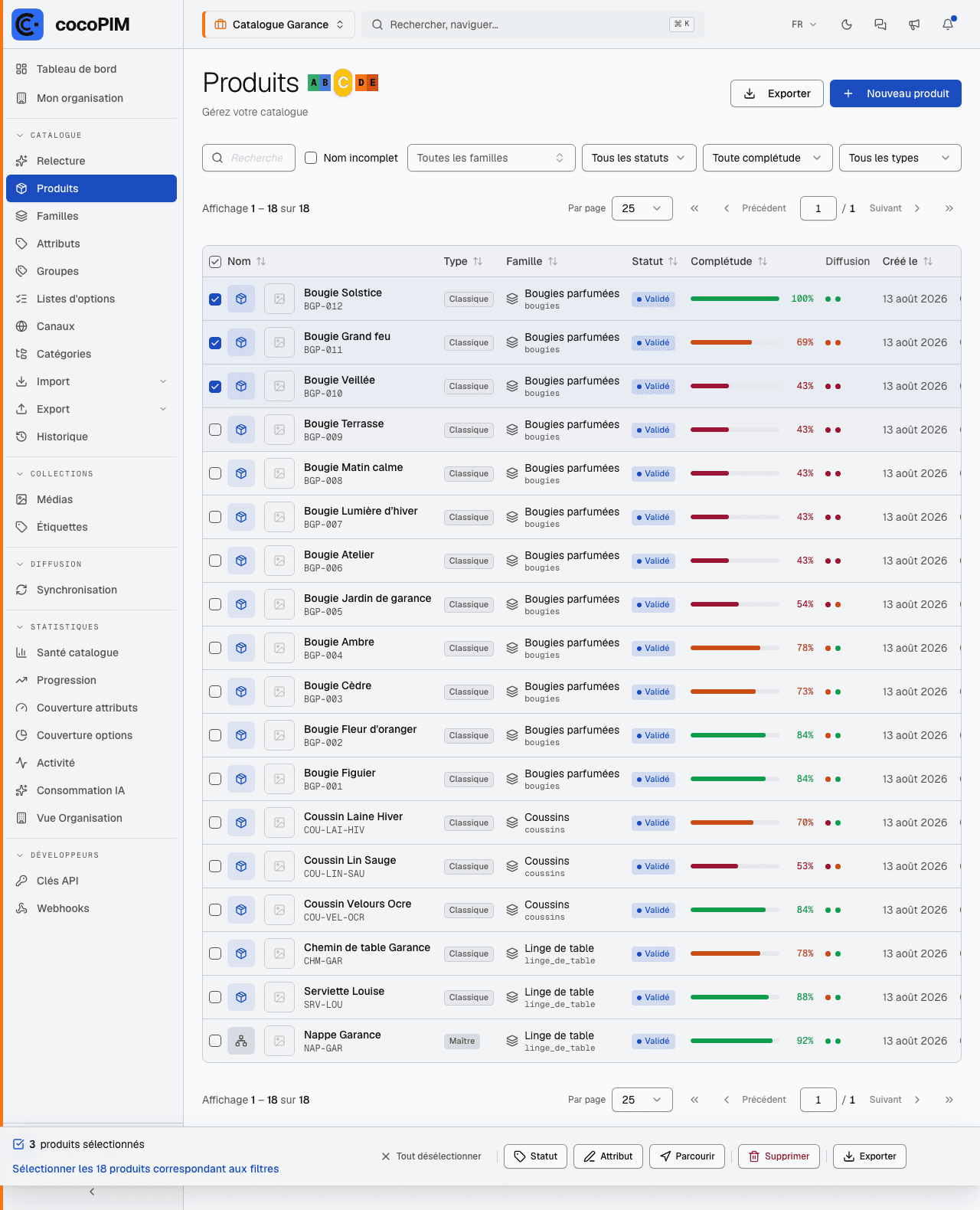 Sélection multiple dans la liste produits avec le menu d'actions en masse ouvert
