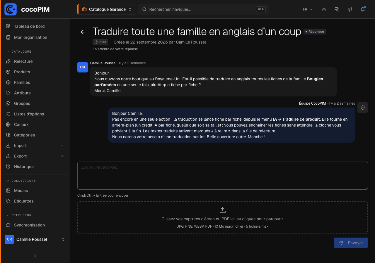 Fil de conversation d'une demande avec réponse de l'Équipe CocoPIM