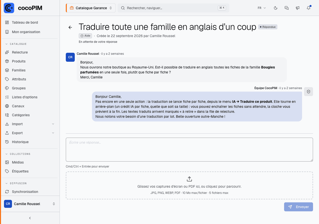 Fil de conversation d'une demande avec réponse de l'Équipe CocoPIM