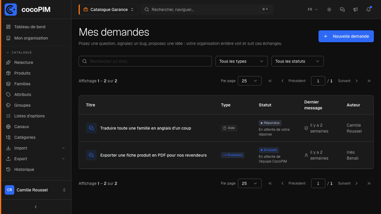 Page Mes demandes : liste avec filtres par type et statut