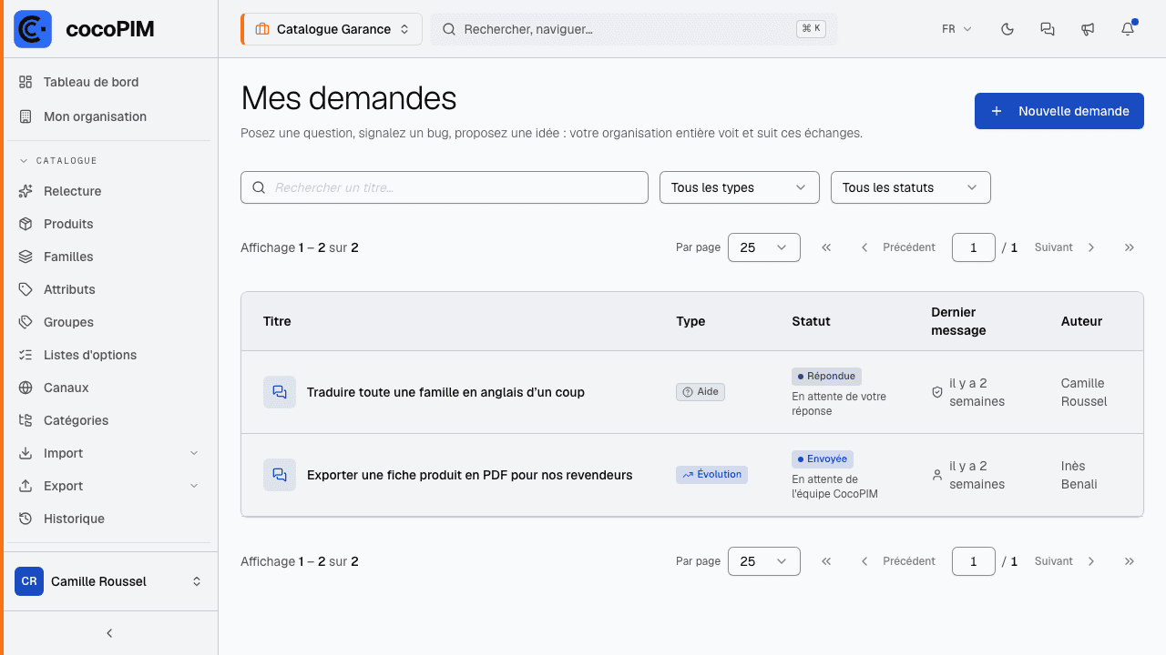 Page Mes demandes : liste avec filtres par type et statut