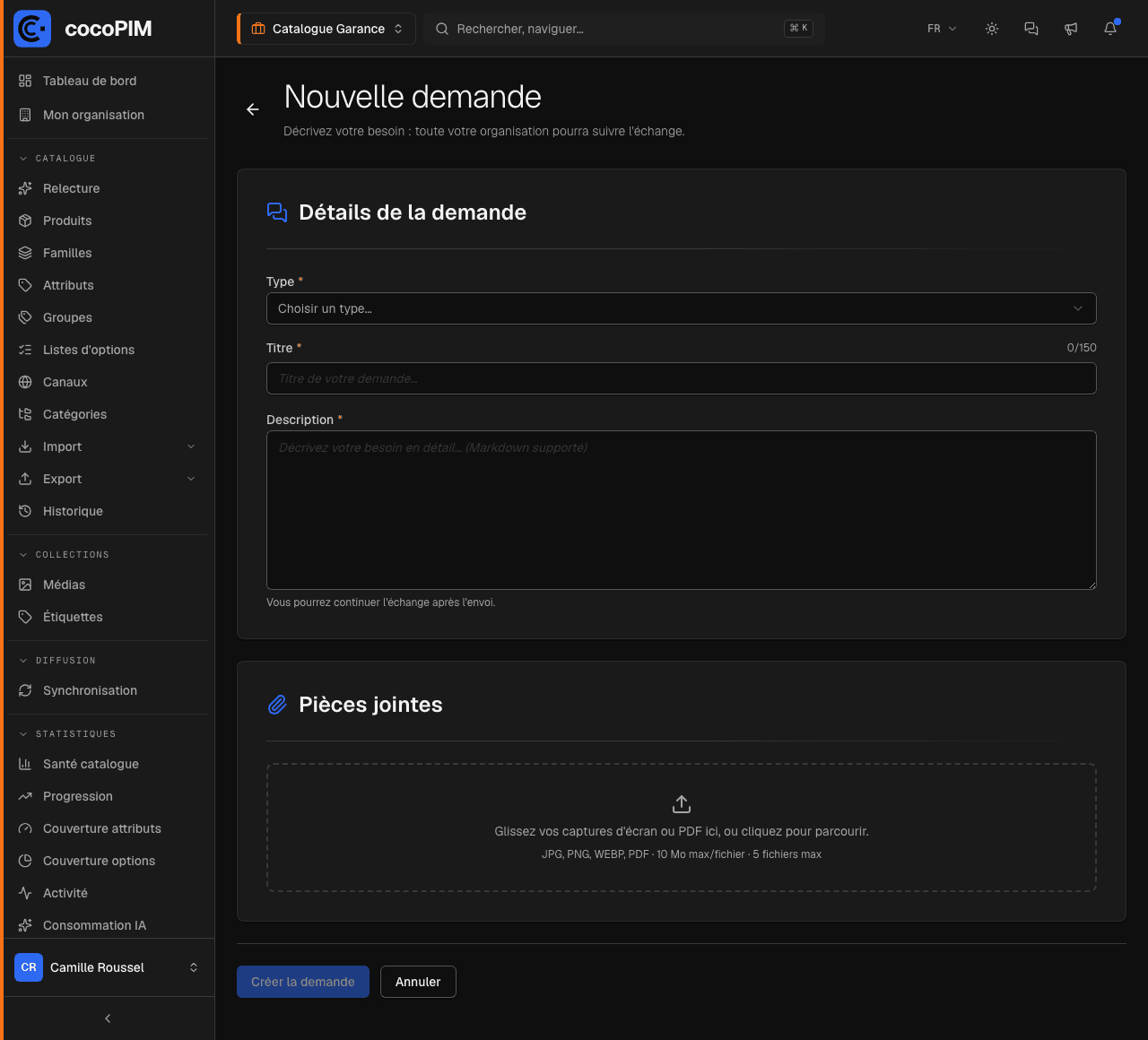 Formulaire Nouvelle demande : type, titre, description, pièces jointes