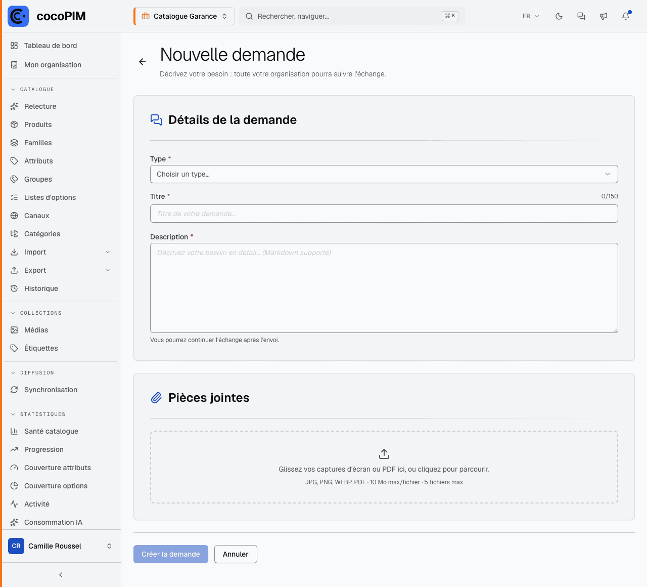 Formulaire Nouvelle demande : type, titre, description, pièces jointes