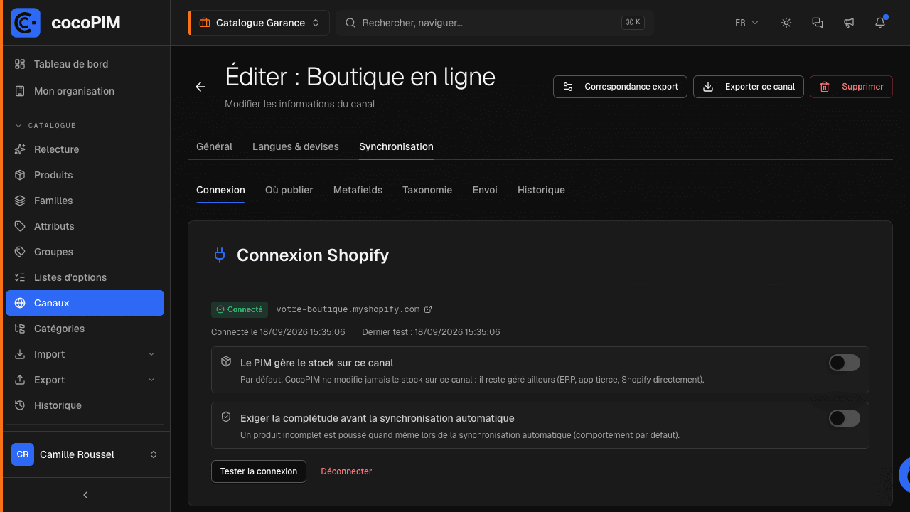 Onglet Synchronisation d'un canal, sous-onglet Connexion : boutique connectée, réglages du stock et de la complétude, bouton Tester la connexion