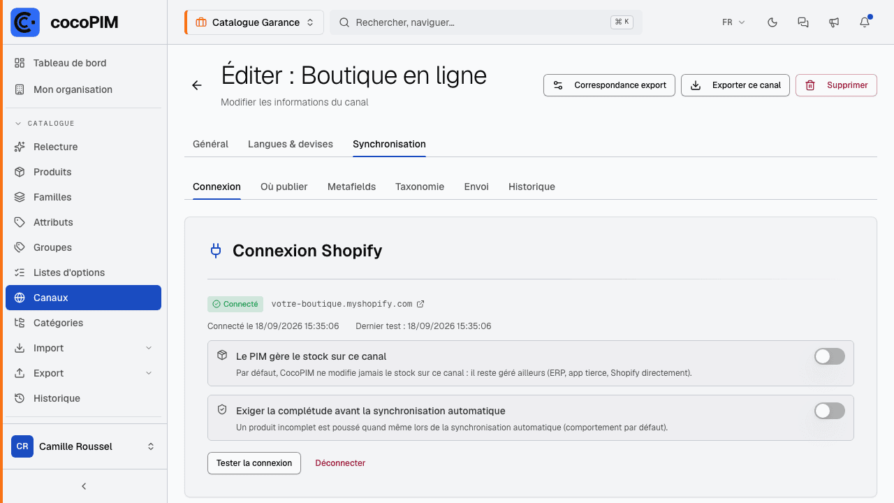Onglet Synchronisation d'un canal, sous-onglet Connexion : boutique connectée, réglages du stock et de la complétude, bouton Tester la connexion