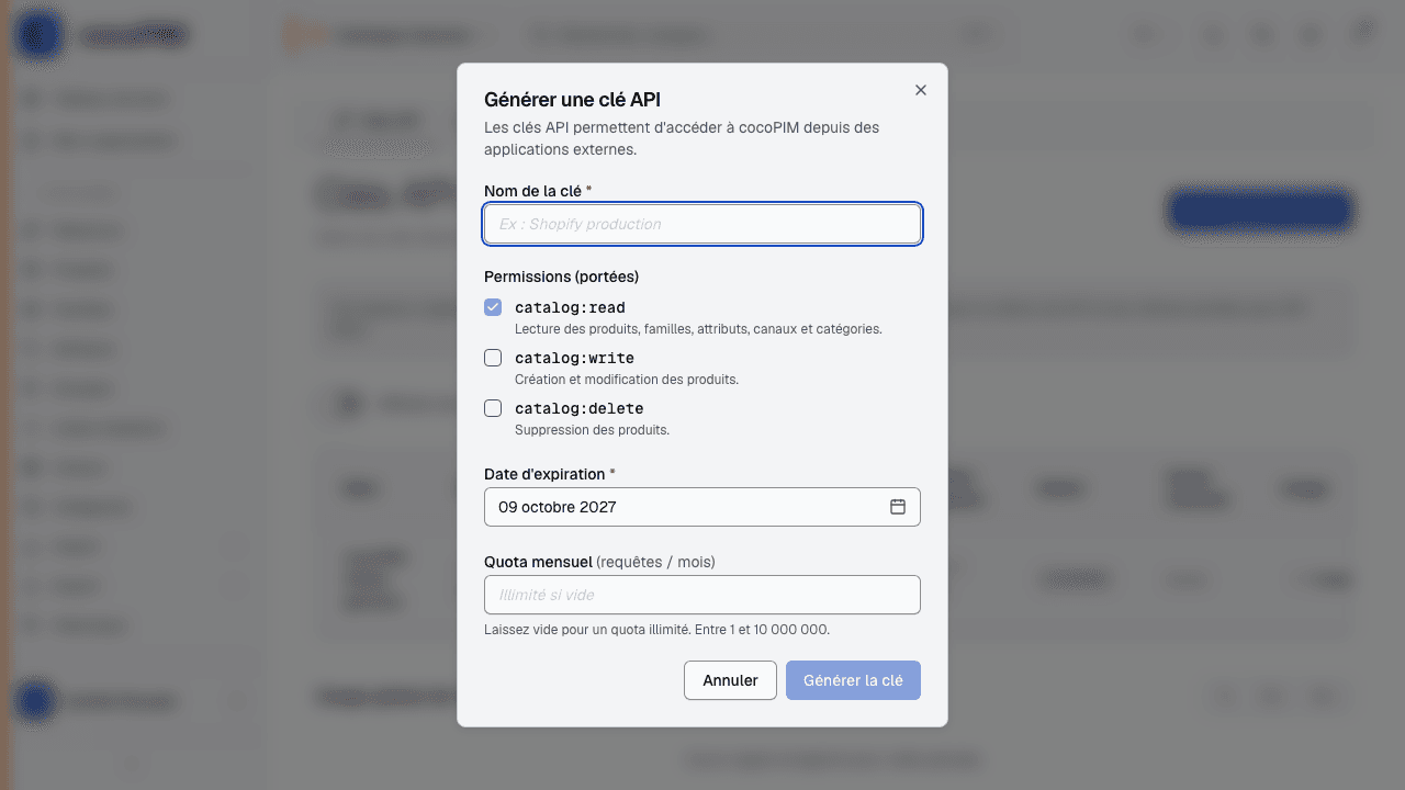 Écran Clés API avec la création d'une clé et sa portée