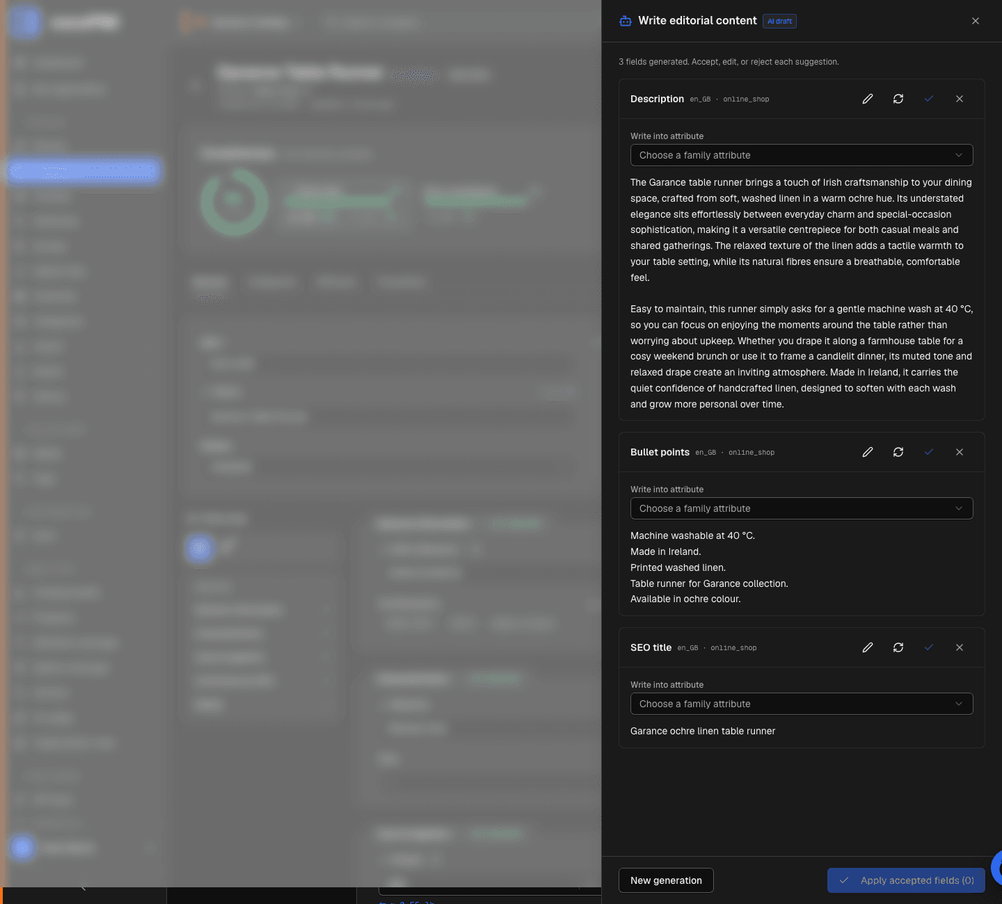 Generation result: suggested description, SEO title and bullet points, with Accept / Reject / Regenerate for each field