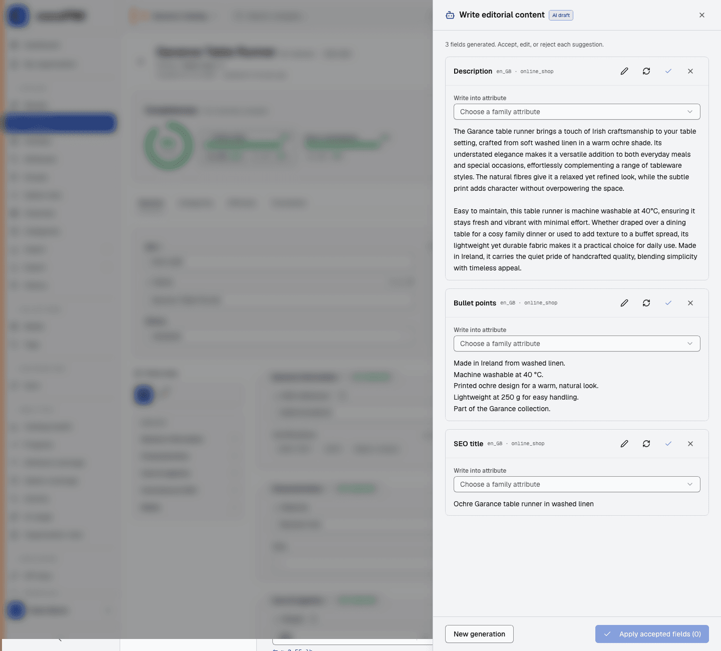 Generation result: suggested description, SEO title and bullet points, with Accept / Reject / Regenerate for each field