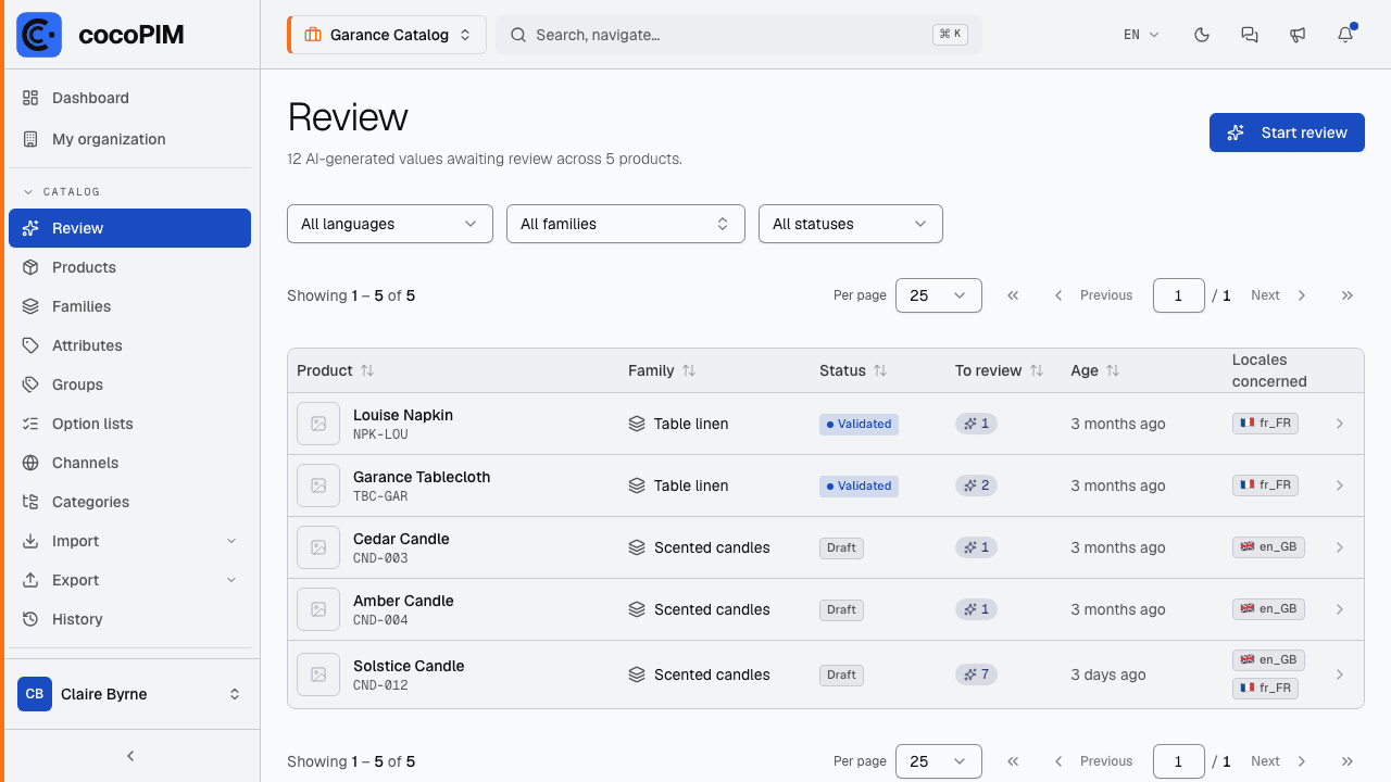 Review queue: list of products to review with counters, language/family/status filters, Start review button
