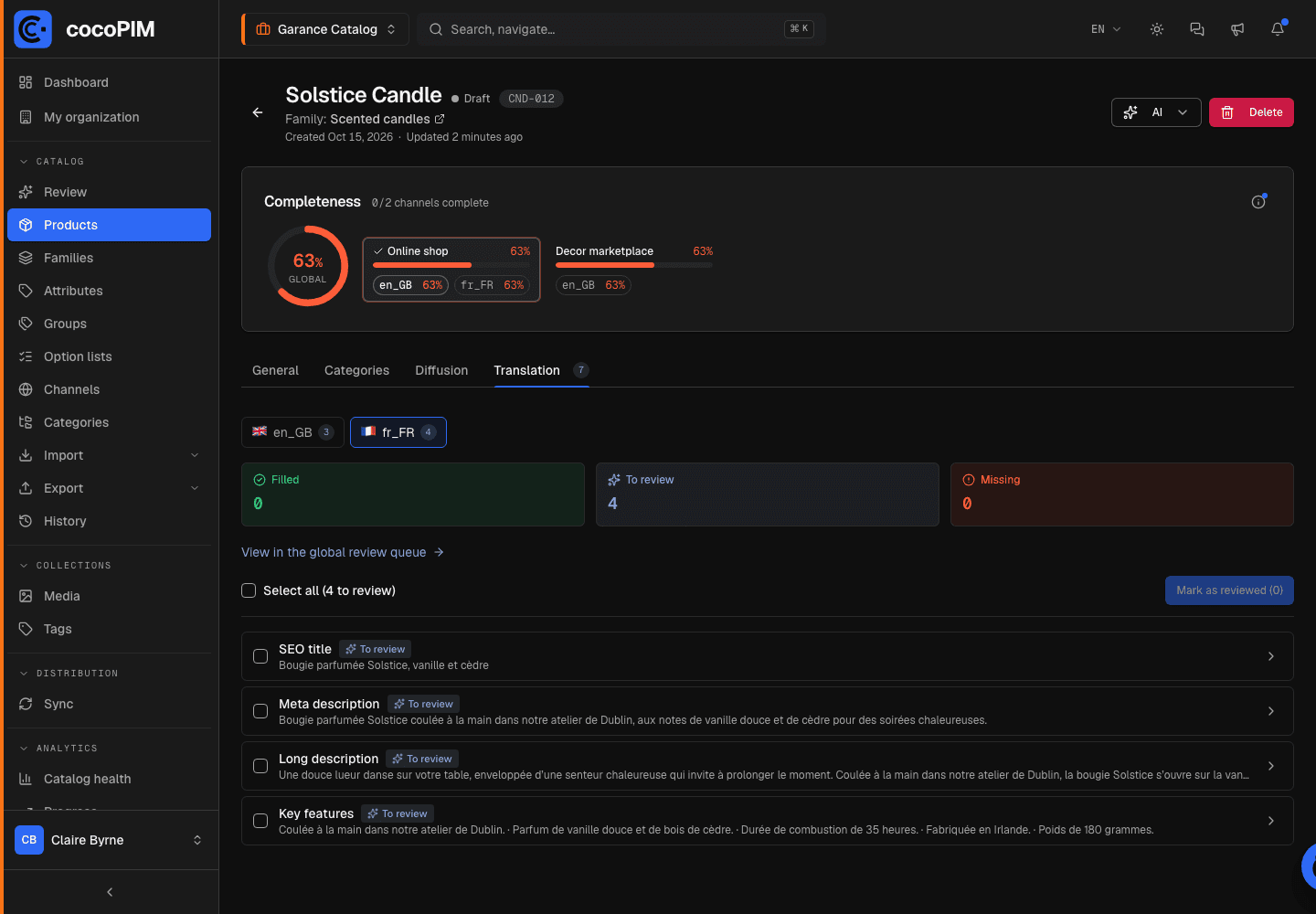 Translation tab of a product: languages, Filled / To review counters, translated values marked “To review”