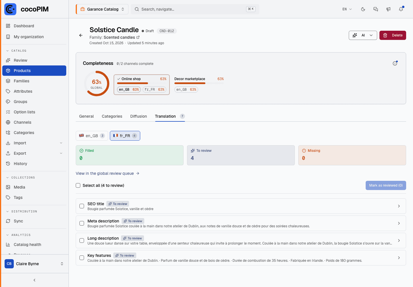 Translation tab of a product: languages, Filled / To review counters, translated values marked “To review”
