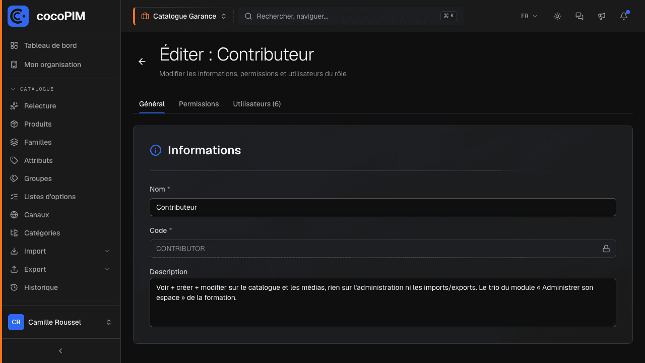 Éditeur de rôle : matrice entités × permissions (voir, créer, modifier, supprimer)