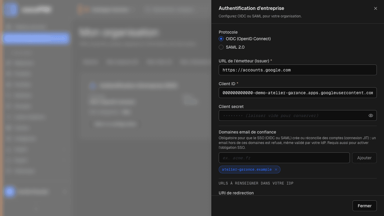 Configuration SSO : choix du protocole (SAML / OpenID Connect), métadonnées de l'annuaire, test de connexion