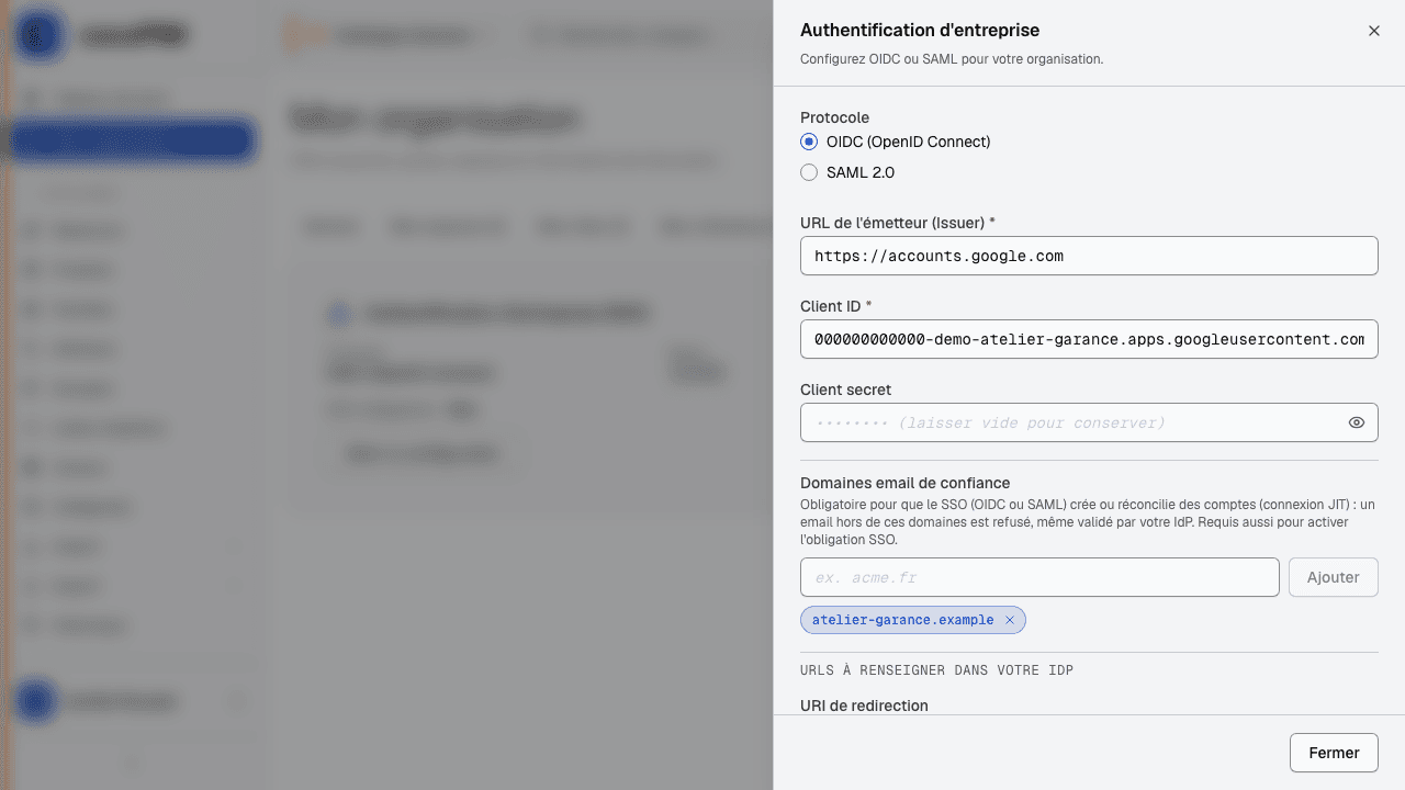 Configuration SSO : choix du protocole (SAML / OpenID Connect), métadonnées de l'annuaire, test de connexion