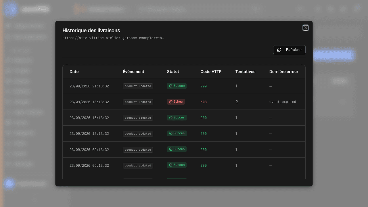 Historique des livraisons d'un webhook : événement, statut, code de réponse, tentatives