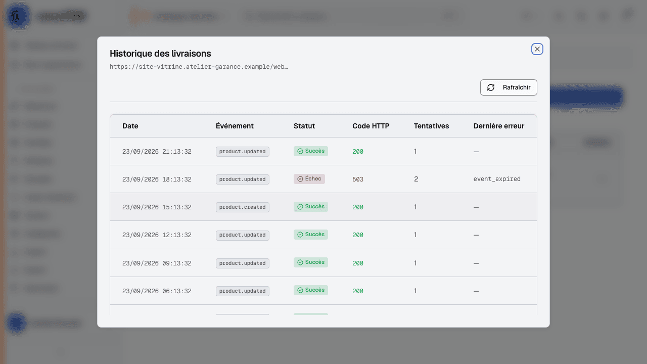Historique des livraisons d'un webhook : événement, statut, code de réponse, tentatives