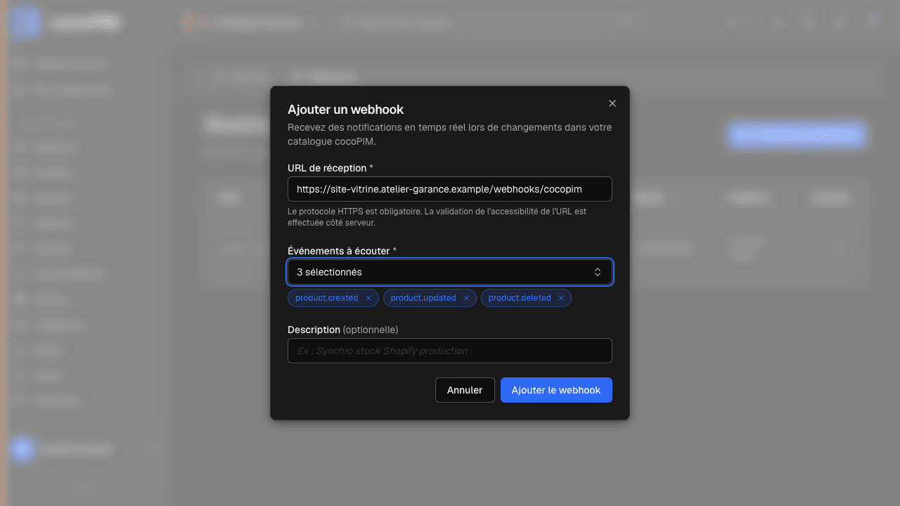 Ajout d'un webhook : adresse de l'outil à prévenir et événements écoutés (produits, structure du catalogue)