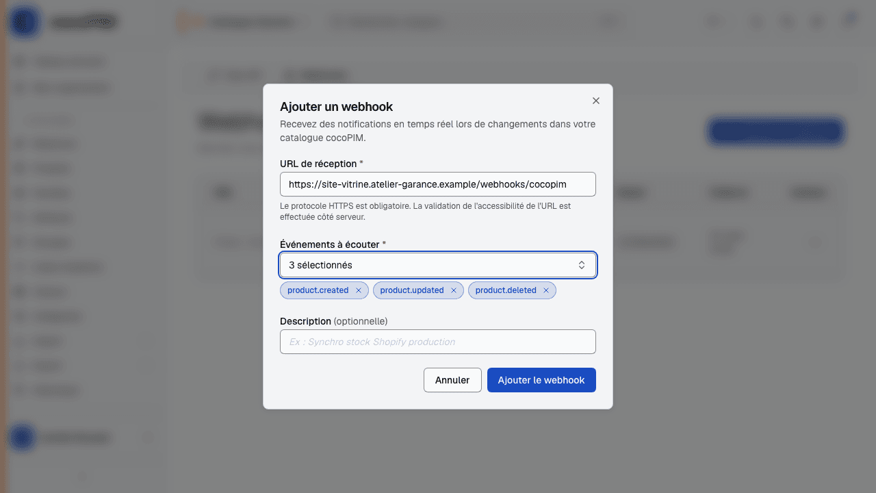 Ajout d'un webhook : adresse de l'outil à prévenir et événements écoutés (produits, structure du catalogue)